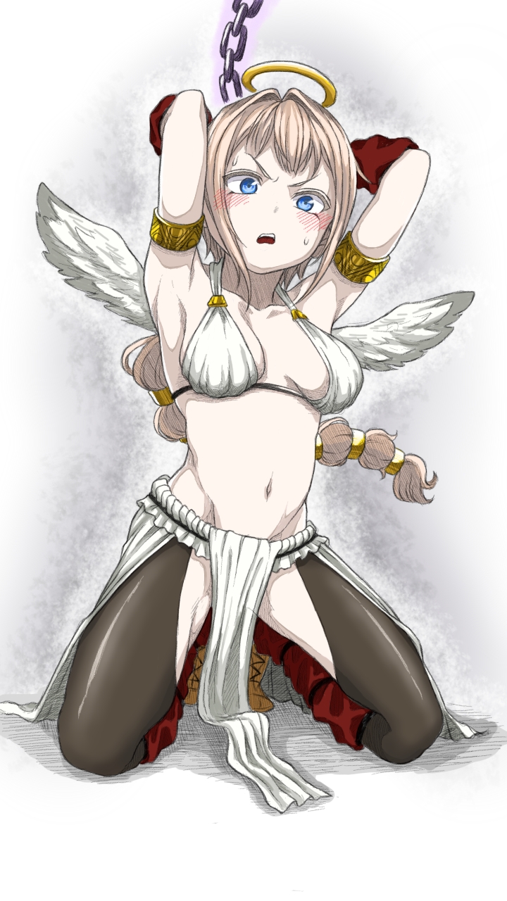 1girl angel angel_wings armlet armpits arms_up blonde_hair blue_eyes blush breasts chain halo hatching_(texture) highres kneeling lolboja long_hair mini_wings navel open_mouth original solo sweat upper_teeth wings