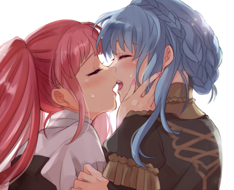 2girls blue_hair braid closed_eyes crown_braid fire_emblem fire_emblem:_three_houses from_side garreg_mach_monastery_uniform hilda_valentine_goneril imminent_kiss konoha2014 long_hair marianne_von_edmund multiple_girls nail_polish open_mouth pink_hair simple_background twintails uniform upper_body white_background yuri