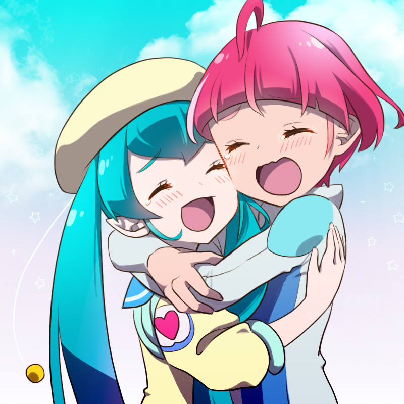 2girls :d ^_^ ^o^ ahoge antennae aqua_hair astronaut beret blush cheek-to-cheek close-up closed_eyes clouds cloudy_sky commentary_request day eyebrows_visible_through_hair hagoromo_lala happy_tears hat heart heart_print hoshina_hikaru hug jacket long_hair multicolored_hair multiple_girls nekoko_(nekonekonya) older open_mouth pink_hair pointy_ears precure raised_eyebrows short_hair sky smile spacesuit spoilers star_twinkle_precure streaked_hair tears twintails wavy_mouth