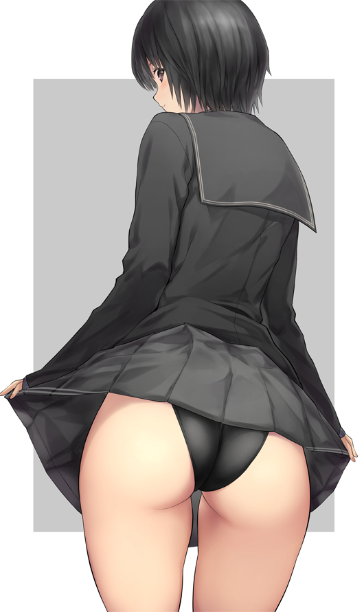 1girl amagami black_eyes black_hair black_sailor_collar black_skirt black_swimsuit bob_cut border commentary_request competition_swimsuit cowboy_shot from_behind grey_background kibito_high_school_uniform looking_at_viewer looking_back nanasaki_ai nozomi-y one-piece_swimsuit pleated_skirt sailor_collar school_uniform short_hair skirt solo swimsuit swimsuit_under_clothes white_border