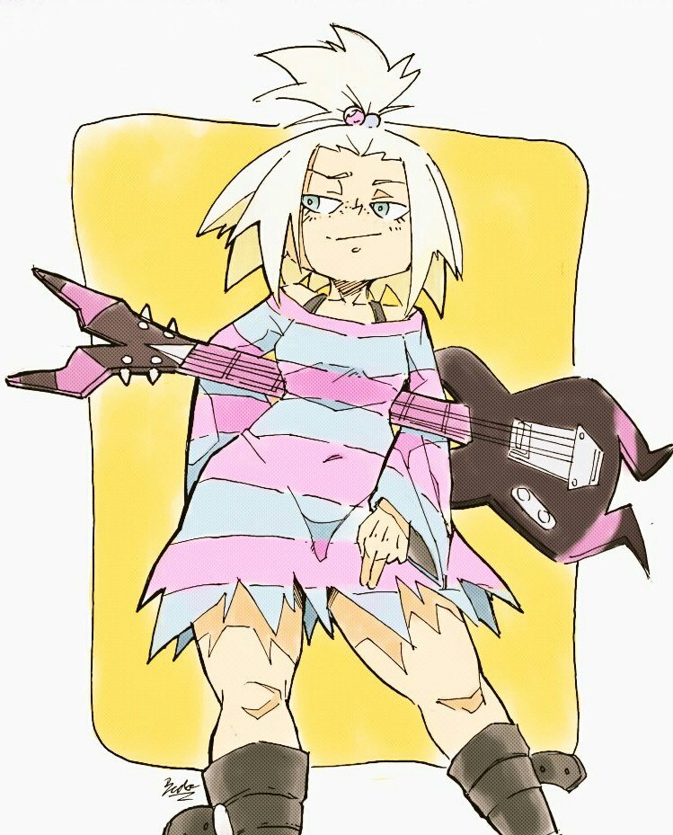 becknolastname boots commission dress_shirt guitar hair_ornament homika_(pokemon) instrument pokemon pokemon_(game) pokemon_bw2 shirt striped white_hair