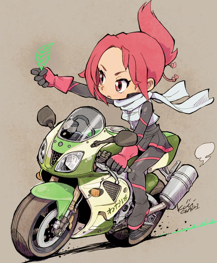 1girl artist_name black_bodysuit black_footwear black_skirt bodysuit boots brown_background closed_mouth commentary_request folded_ponytail frown gloves ground_vehicle holding holding_leaf kemurikusa kiichi leaf long_sleeves miniskirt motor_vehicle motorcycle partial_commentary pleated_skirt red_eyes red_gloves redhead riding rin_(kemurikusa) scarf short_hair signature skirt solo vest white_scarf white_vest wind