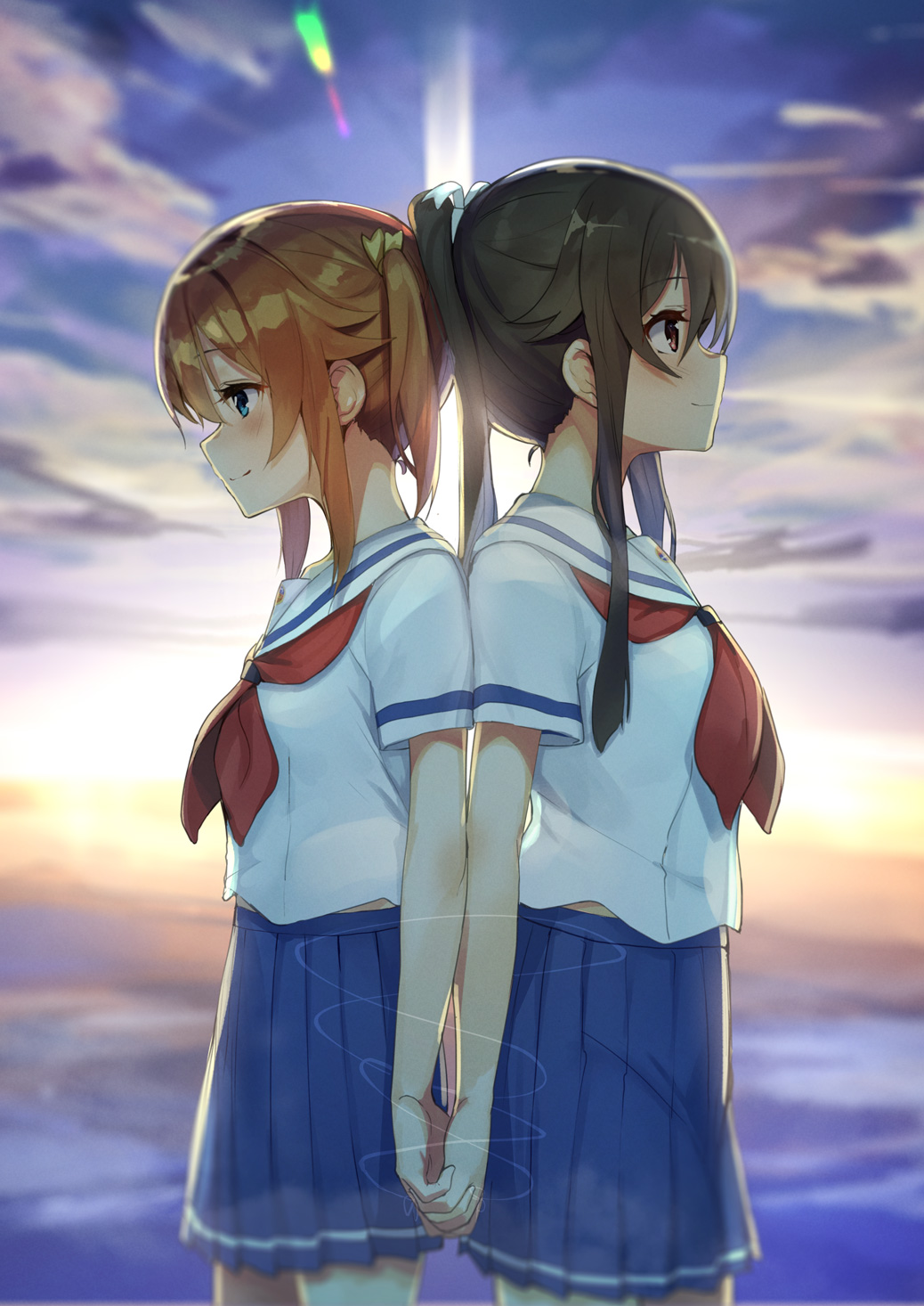 1girl 2girls back-to-back blue_eyes blue_skirt blurry blurry_background brown_eyes brown_hair clouds commentary_request cowboy_shot depth_of_field diffraction_spikes from_side gradient_sky hair_between_eyes high_school_fleet highres holding_hands interlocked_fingers looking_down looking_up minutachi misaki_akeno multiple_girls munetani_mashiro neckerchief outdoors pleated_skirt ponytail profile red_neckwear redhead sailor_collar school_uniform serafuku short_sleeves sidelocks skirt sky smile standing twilight twintails water white_sailor_collar