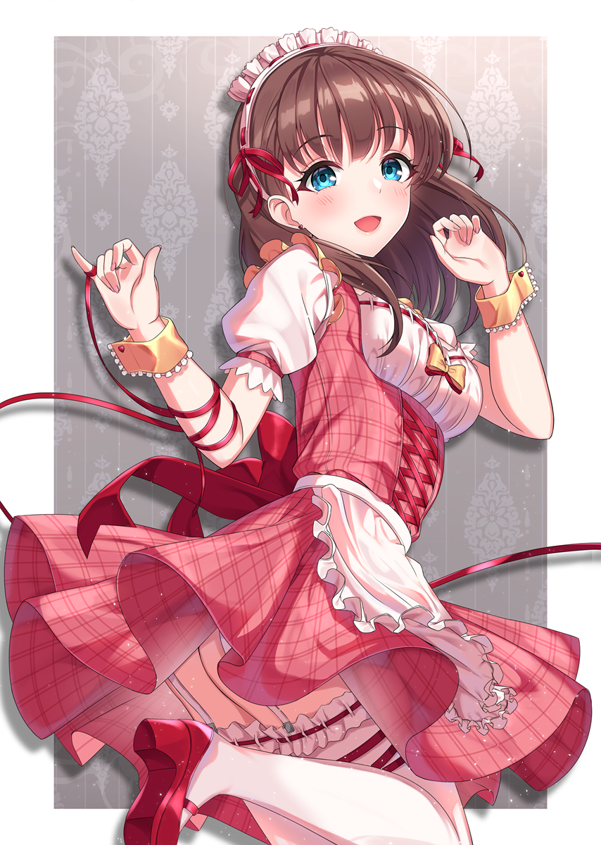 1girl :d apron ass bangs blue_eyes bow breasts brown_hair commentary_request dress eyebrows_visible_through_hair frilled_apron frilled_legwear frills high_heels highres idolmaster idolmaster_cinderella_girls idolmaster_cinderella_girls_starlight_stage long_hair maid_headdress open_mouth pink_dress puffy_short_sleeves puffy_sleeves red_bow red_footwear red_ribbon ribbon ribbon-trimmed_legwear ribbon_trim sakuma_mayu shirt shoe_soles shoes short_sleeves sleeveless sleeveless_dress small_breasts smile solo sutoroa thigh-highs waist_apron white_apron white_legwear white_shirt wrist_cuffs