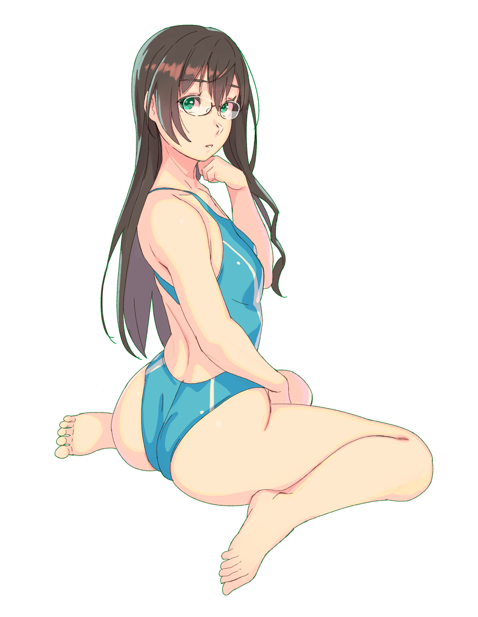 1girl ass barefoot black_hair blue_swimsuit competition_swimsuit from_behind full_body glasses green_eyes highres kantai_collection long_hair looking_at_viewer looking_back one-piece_swimsuit ooyodo_(kantai_collection) semi-rimless_eyewear simple_background sitting solo swimsuit under-rim_eyewear wariza white_background yuuji_(and)