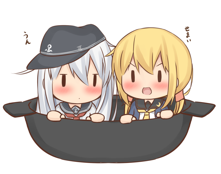 2girls anchor_symbol black_sailor_collar blonde_hair blue_jacket chibi commentary_request crescent crescent_moon_pin flat_cap hat hibiki_(kantai_collection) in_container in_pot jacket kantai_collection long_hair low_twintails multiple_girls ne neckerchief necktie oversized_object pot red_neckwear remodel_(kantai_collection) sailor_collar satsuki_(kantai_collection) school_uniform serafuku silver_hair simple_background solid_oval_eyes twintails white_background yellow_neckwear