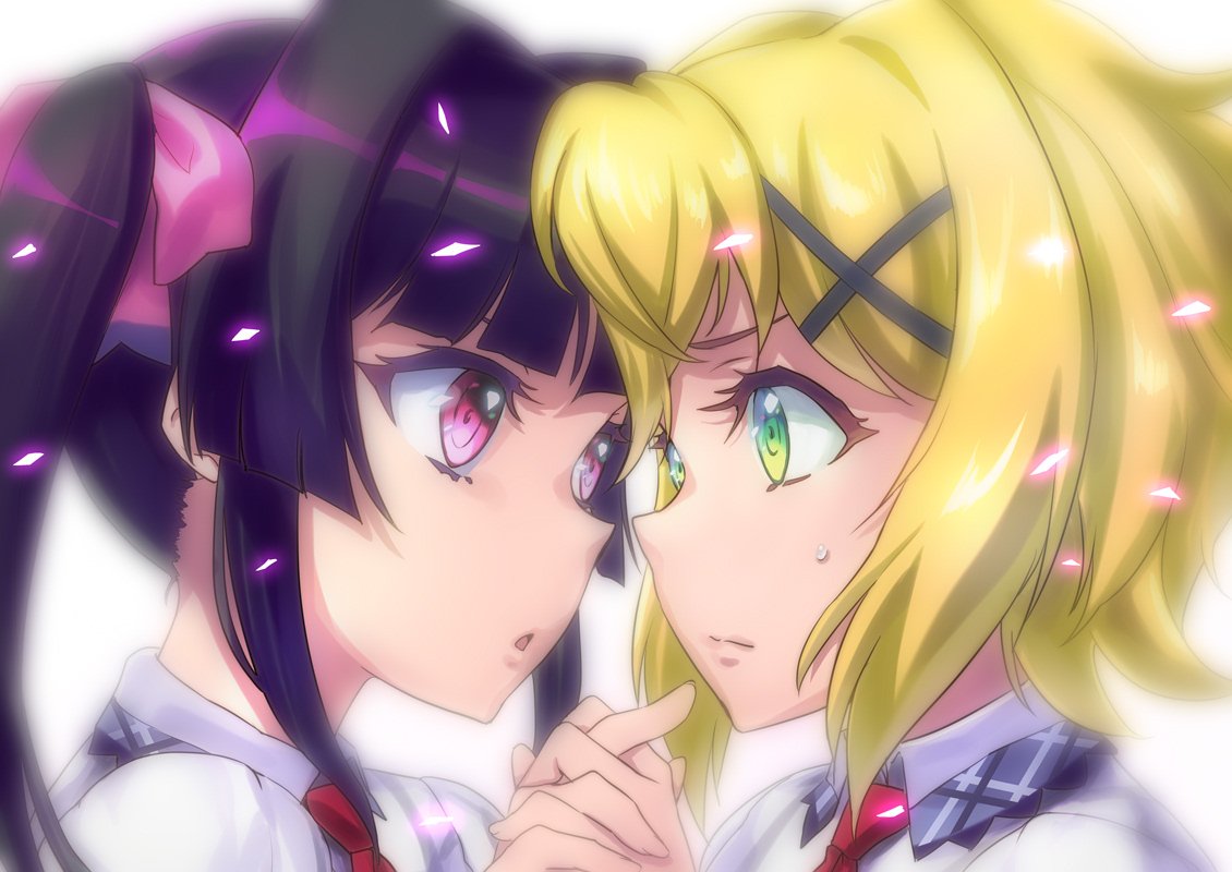 1000 2girls akatsuki_kirika black_hair blonde_hair blush closed_mouth green_eyes hair_ornament hair_ribbon hairclip holding_hands looking_at_another multiple_girls necktie open_mouth red_eyes red_neckwear ribbon senki_zesshou_symphogear shiny shiny_hair simple_background sweat tsukuyomi_shirabe white_background yuri