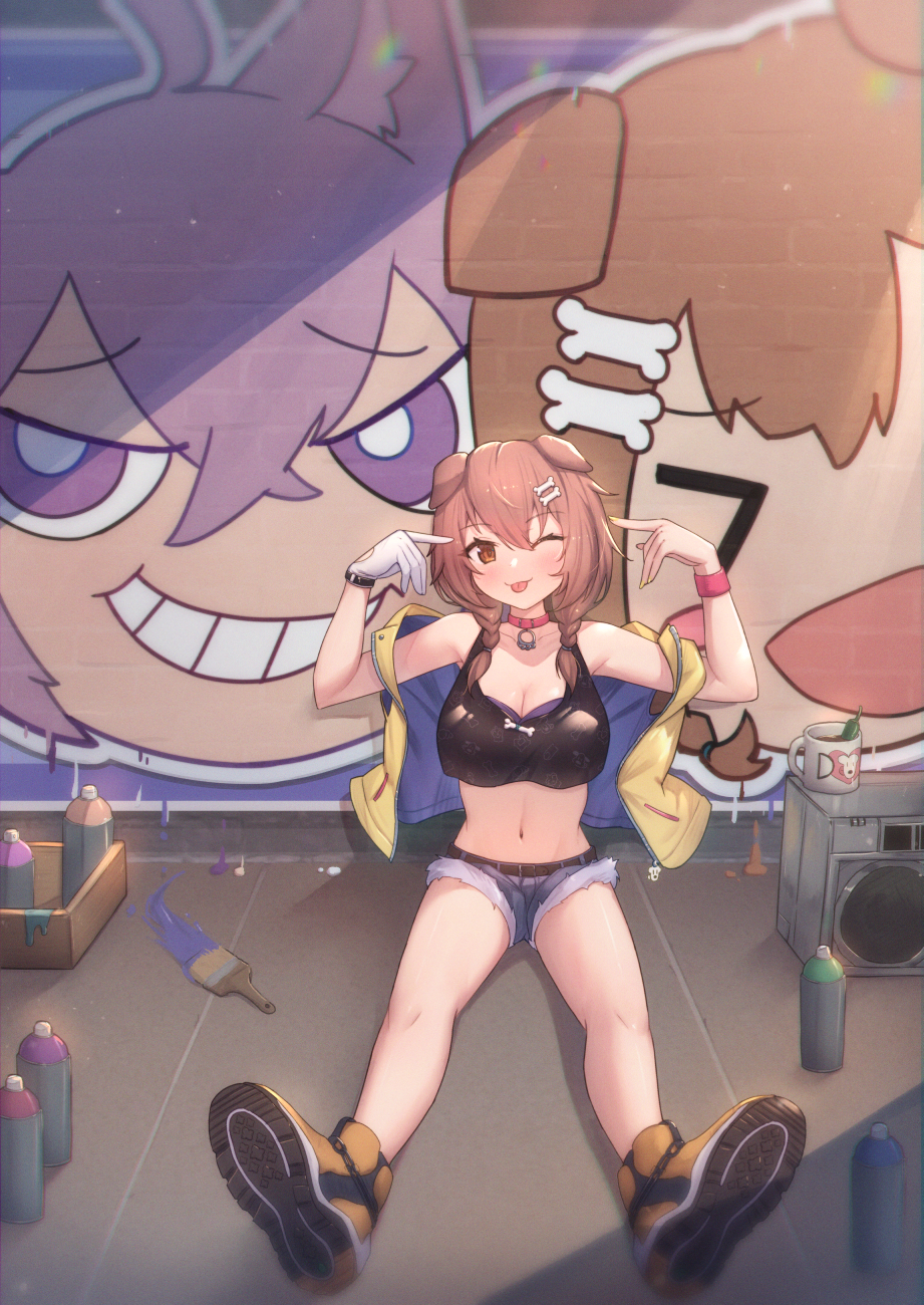 1girl ;p animal_ears arms_up bangs bare_legs black_shirt blue_shorts blush bone_hair_ornament braid breasts brown_eyes brown_hair commentary_request crop_top cup dog_ears eyebrows_visible_through_hair full_body gloves graffiti hair_between_eyes hair_ornament highres hololive inugami_korone jacket large_breasts long_hair looking_at_viewer micro_shorts midriff navel nekomata_okayu one_eye_closed open_clothes open_jacket paintbrush revision shirt shoes shorts single_glove sitting sleeveless sleeveless_jacket sleeveless_shirt solo spray_can tongue tongue_out twin_braids uneg virtual_youtuber white_gloves wristband yellow_footwear yellow_jacket