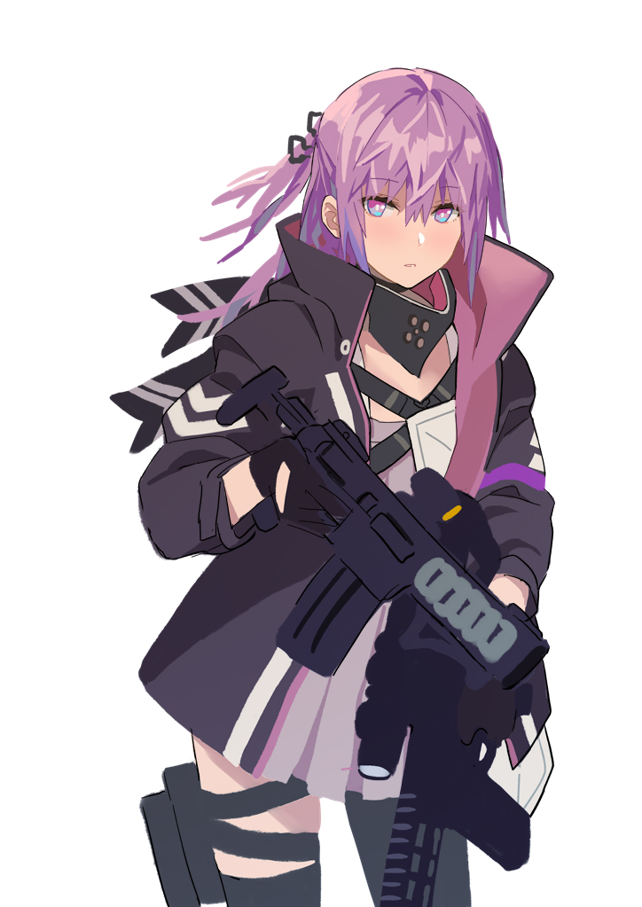 1girl ar-15 assault_rifle black_gloves black_legwear blue_eyes collar girls_frontline gloves gun hair_ornament holding holding_gun holding_weapon jacket mod3_(girls_frontline) multicolored_hair ningen_(ningen96) one_side_up pink_eyes pink_hair rifle side_ponytail solo st_ar-15_(girls_frontline) streaked_hair weapon