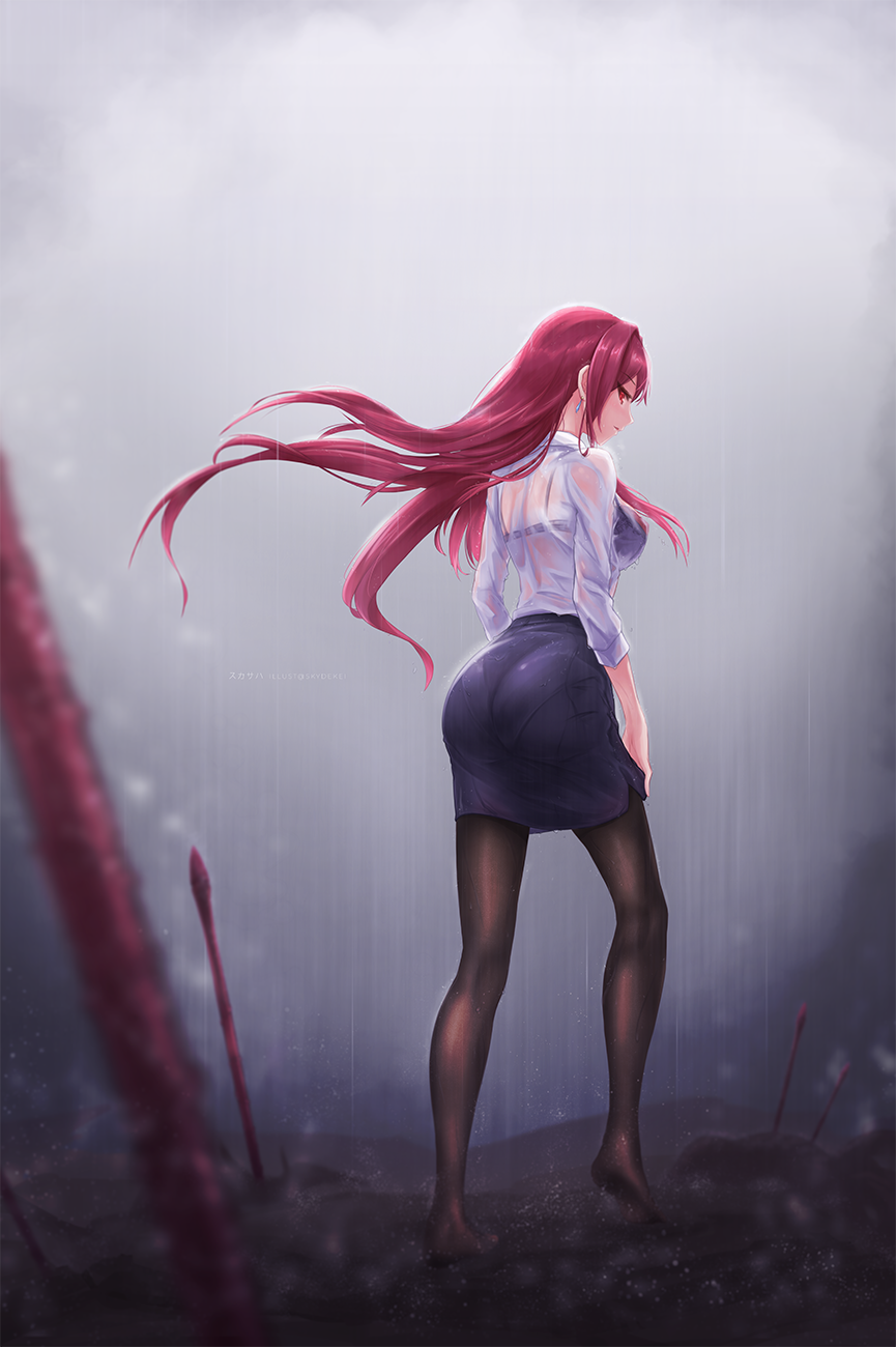 1girl black_legwear blue_bra blue_skirt blurry_foreground bra earrings fate/grand_order fate_(series) floating_hair hair_intakes highres jewelry long_hair long_sleeves looking_at_viewer looking_back miniskirt outdoors pantyhose pencil_skirt rain red_eyes redhead scathach_(fate)_(all) scathach_(fate/grand_order) see-through shiny shiny_hair shirt side_slit skirt skyde_kei solo standing underwear very_long_hair wet wet_clothes wet_shirt wet_skirt white_shirt