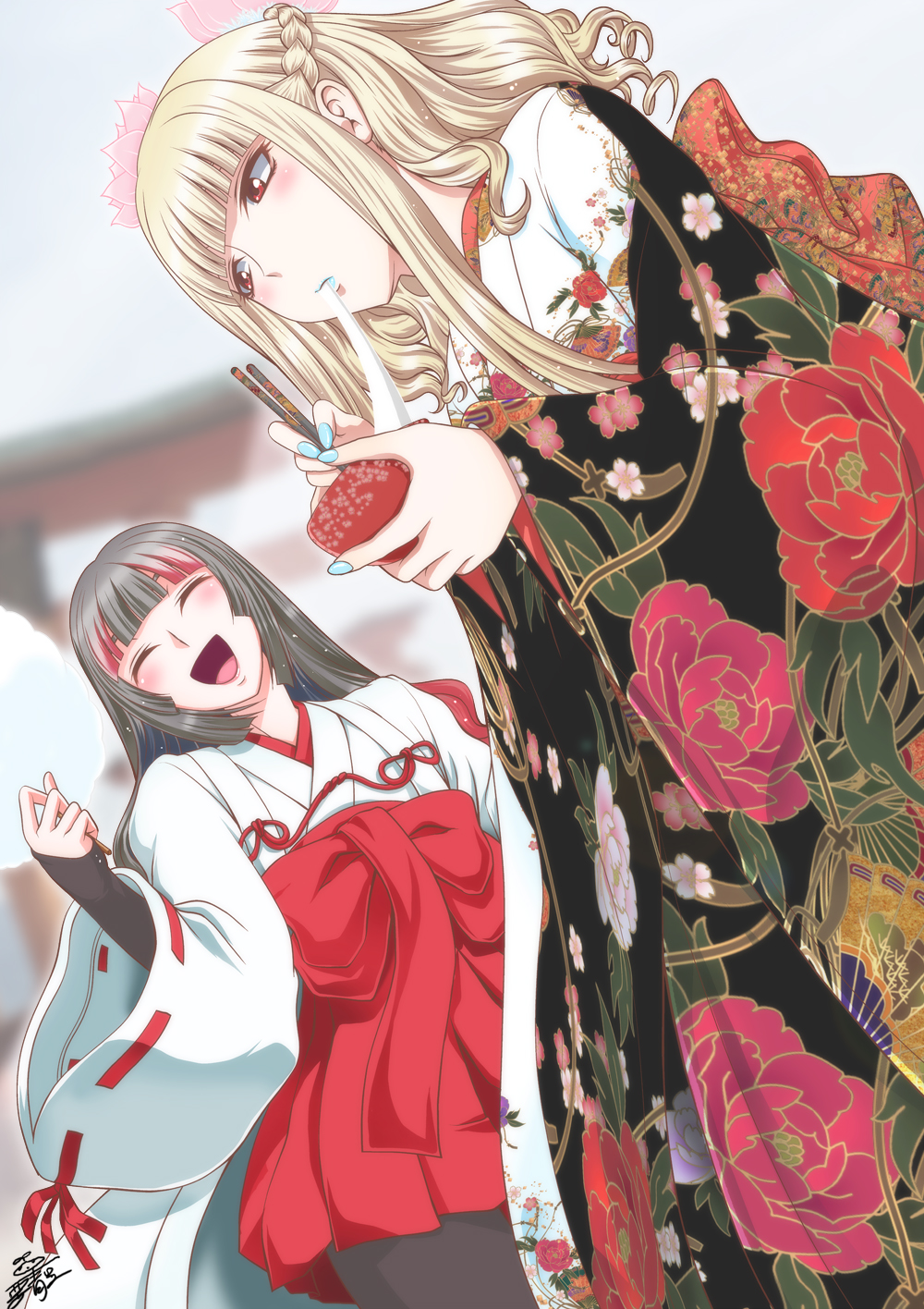 2girls ^_^ ^o^ akagi_(aoki_hagane_no_arpeggio) aoki_hagane_no_arpeggio bangs black_hair black_legwear blonde_hair blue_nails blunt_bangs bowl braid chopsticks closed_eyes eating floral_print flower hair_flower hair_ornament highres hime_cut japanese_clothes kaname_aomame kimono kongou_(aoki_hagane_no_arpeggio) long_hair miki_sayaka mochi multiple_girls red_eyes sleeves_past_wrists