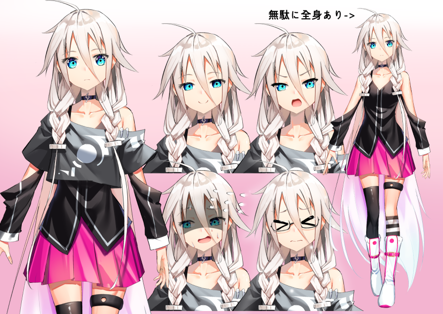 &gt;_&lt; ahoge angry asymmetrical_legwear black_legwear black_shirt blue_eyes boots braid cevio choker closed_eyes collarbone crop_top expressionless expressions full_body glasses gradient_hair grey_shirt ia_(vocaloid) jewelry kneehighs long_hair looking_away looking_to_the_side multicolored_hair multiple_views off-shoulder_shirt off_shoulder open_mouth overlord_(overlord80000) pink_hair pink_skirt platinum_blonde_hair pleated_skirt ring semi-rimless_eyewear shaded_face shirt skirt smile standing striped striped_legwear sweatdrop tachi-e thigh-highs thigh_strap twin_braids upper_body v-shaped_eyebrows very_long_hair vocaloid white_background white_footwear