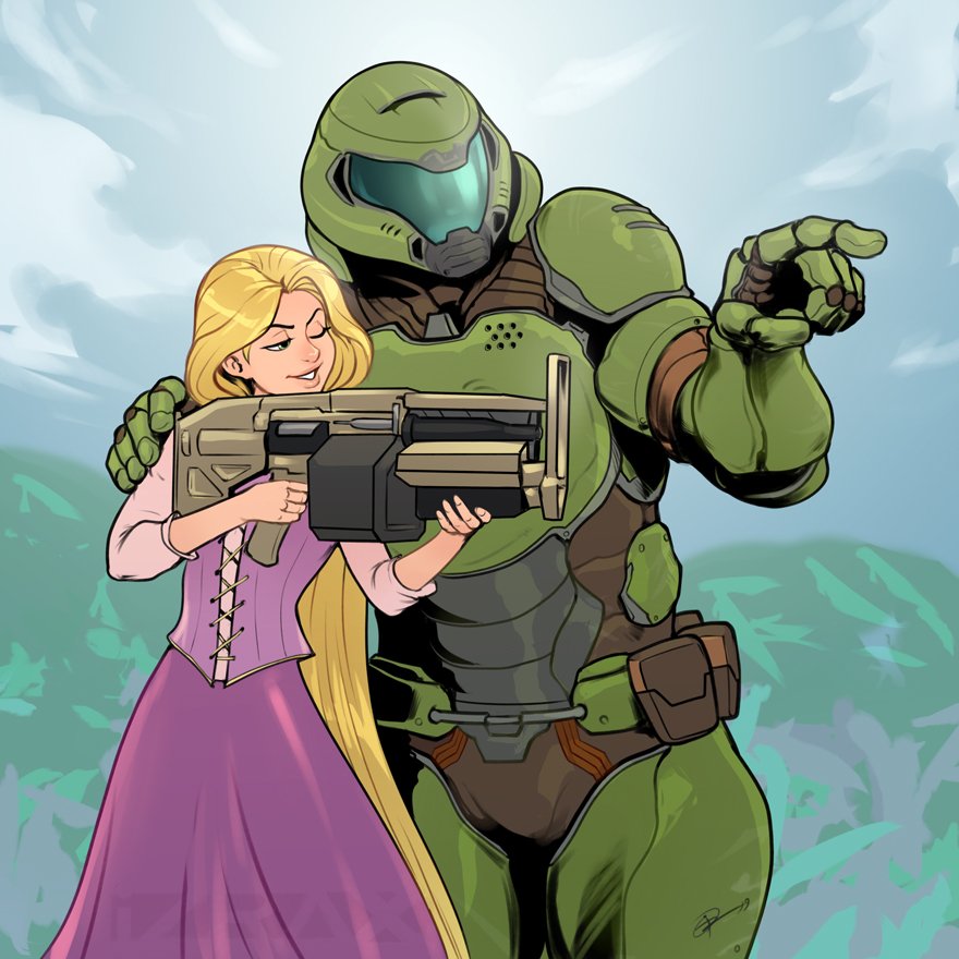 1boy 1girl absurdly_long_hair armor assault_rifle blonde_hair crossover day doom_(game) doomguy dress gun hand_on_another's_shoulder helmet izra long_hair outdoors pointing purple_dress rapunzel_(disney) rifle tangled very_long_hair weapon