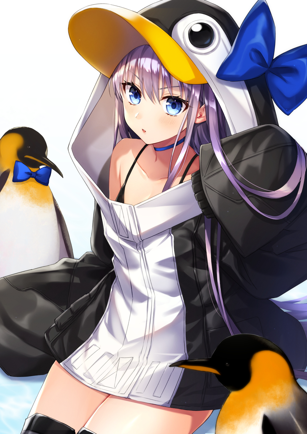 1girl akariko animal_hood bangs bare_shoulders bird black_legwear blue_bow blue_choker blue_eyes blush bow breasts choker collarbone commentary_request eyebrows_visible_through_hair fate/grand_order fate_(series) hair_between_eyes highres hood large_bow long_hair long_sleeves looking_at_viewer meltryllis meltryllis_(swimsuit_lancer)_(fate) penguin purple_hair ribbon simple_background sleeves_past_fingers sleeves_past_wrists small_breasts solo swimsuit thigh-highs very_long_hair white_background