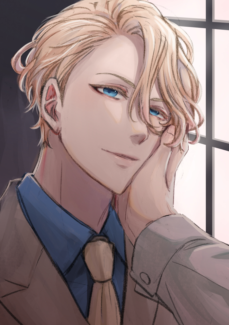 1boy blonde_hair blue_eyes hair_between_eyes hosekisho_richard-shi_no_nazo_kantei indoors justamomen male_focus necktie richard_ranashinha_dvorpian upper_body window