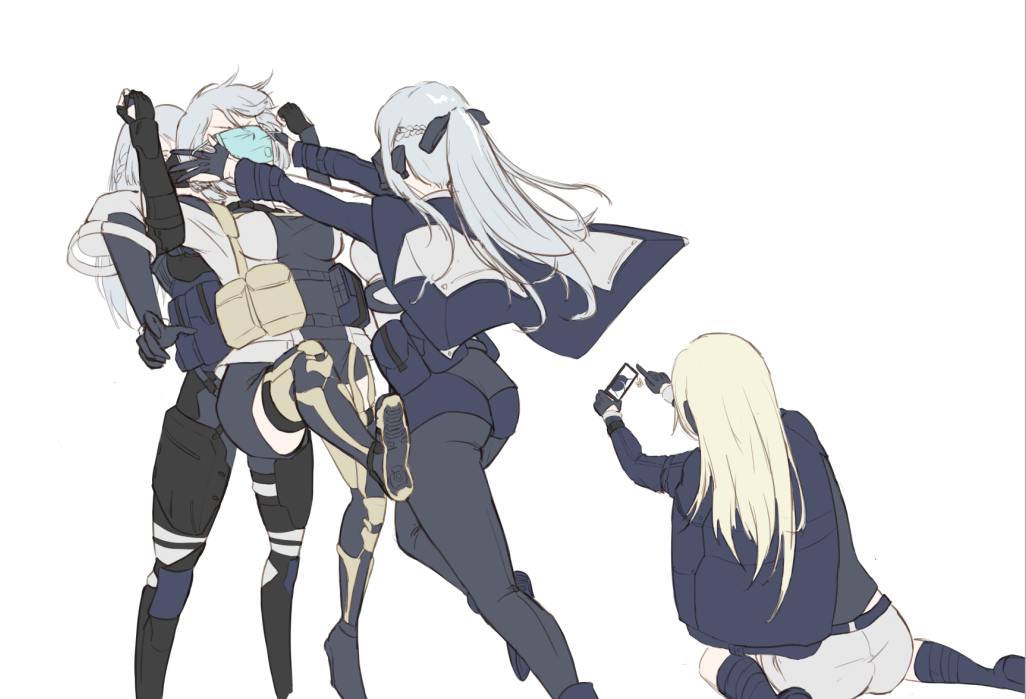4girls ak-12_(girls_frontline) ak-15_(girls_frontline) an-94_(girls_frontline) artist_request black_gloves blonde_hair braid breasts facing_away girls_frontline gloves hair_ribbon jacket_on_shoulders long_hair long_sleeves multiple_girls pants pouch ribbon rpk-16_(girls_frontline) shorts silver_hair simple_background sitting surgical_mask wariza white_background wide_sleeves