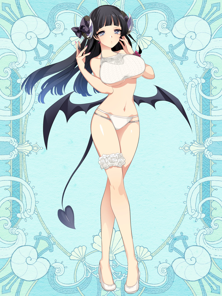 1girl black_bow black_hair black_wings blue_background blue_eyes bow breasts curled_horns demon_tail earrings full_body hair_bow hands_up jewelry kerberos_blade l_(matador) long_hair looking_at_viewer navel panties red_bow scrunchie simple_background solo standing tail thigh_scrunchie under_boob underwear white_panties white_scrunchie wings wrist_bow