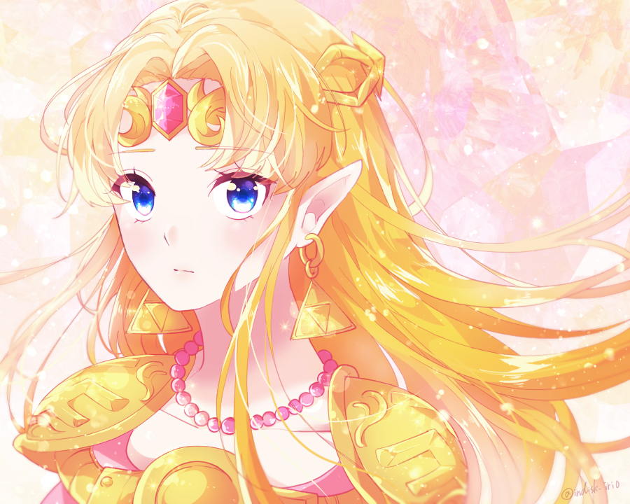 1girl blonde_hair blue_eyes ears floating_hair hair_intakes indisk_irio jewelry long_hair necklace pointy_ears portrait princess_zelda shiny shiny_hair shoulder_armor solo the_legend_of_zelda very_long_hair