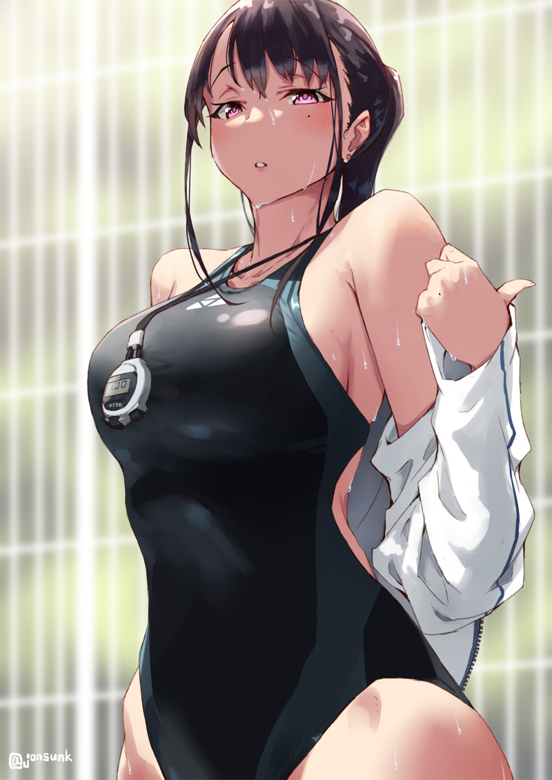 1girl bangs bare_shoulders black_hair black_swimsuit blush breasts competition_swimsuit jonsun large_breasts long_hair looking_at_viewer off_shoulder one-piece_swimsuit open_mouth original solo swimsuit violet_eyes wet