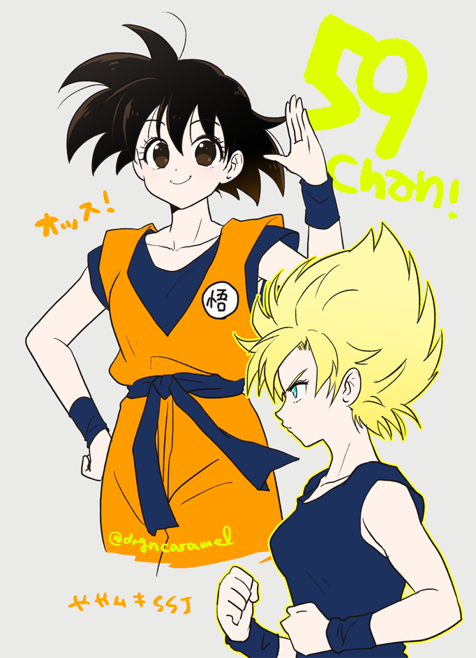 1girl aqua_eyes bare_arms bare_shoulders black_hair blonde_hair blue_shirt breasts brown_eyes clenched_hand clenched_hands clothes_writing collarbone dot_nose dougi dragon_ball dragon_ball_z eyelashes from_side frown genderswap genderswap_(mtf) grey_background hand_on_hip hand_up happy kalno looking_at_viewer looking_to_the_side number profile salute serious shirt sideboob simple_background sleeveless sleeveless_shirt small_breasts smile solo son_gokuu spiky_hair super_saiyan translation_request twitter_username v-shaped_eyebrows wristband