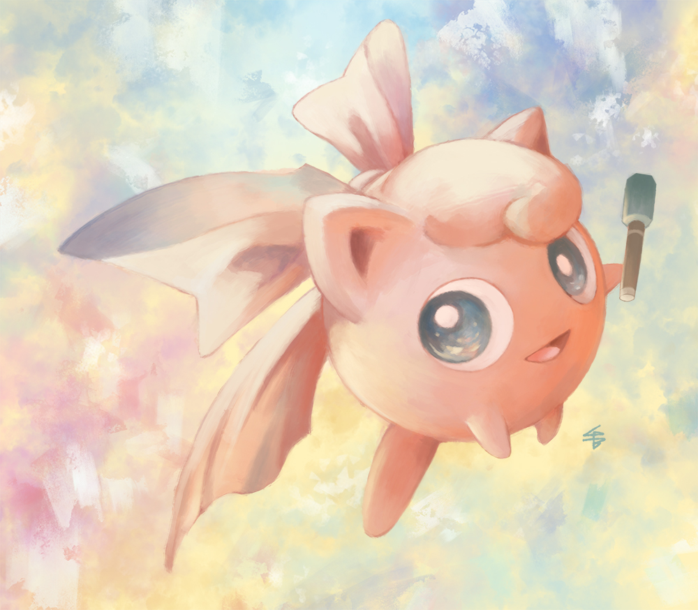 :d blue_eyes clouds cloudy_sky commentary_request creature day full_body gen_1_pokemon golden_boden hair_ribbon happy holding holding_microphone jigglypuff microphone no_humans open_mouth pink_ribbon pokemon pokemon_(creature) ribbon signature sky smile solo