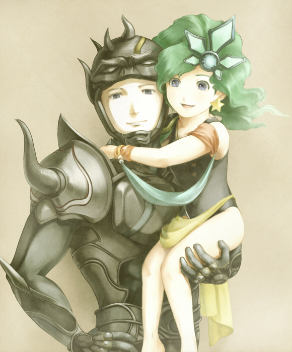 1boy 1girl armor b-saku cape cecil_harvey closed_mouth commentary_request dark_knight_(final_fantasy) earrings final_fantasy final_fantasy_iv green_eyes green_hair hair_ornament jewelry leotard long_hair looking_at_viewer rydia simple_background smile