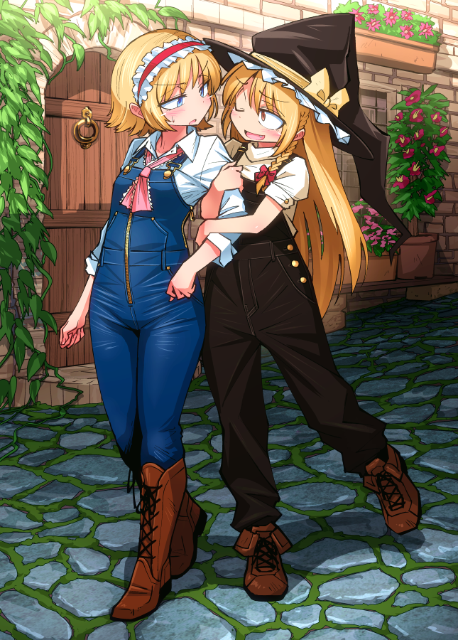 2girls adapted_costume alice_margatroid ankle_boots black_headwear black_overalls blonde_hair blue_overalls boots bow braid brown_footwear check_commentary cobblestone collared_shirt commentary_request cross-laced_footwear day flower flower_pot frilled_headband hat hat_bow headband kirisame_marisa knee_boots lace-up_boots long_hair multiple_girls outdoors overalls pink_neckwear plant red_headband shadow shimizu_pem shirt short_hair short_sleeves sleeves_past_elbows stone_floor touhou tree vines witch_hat wooden_door zipper