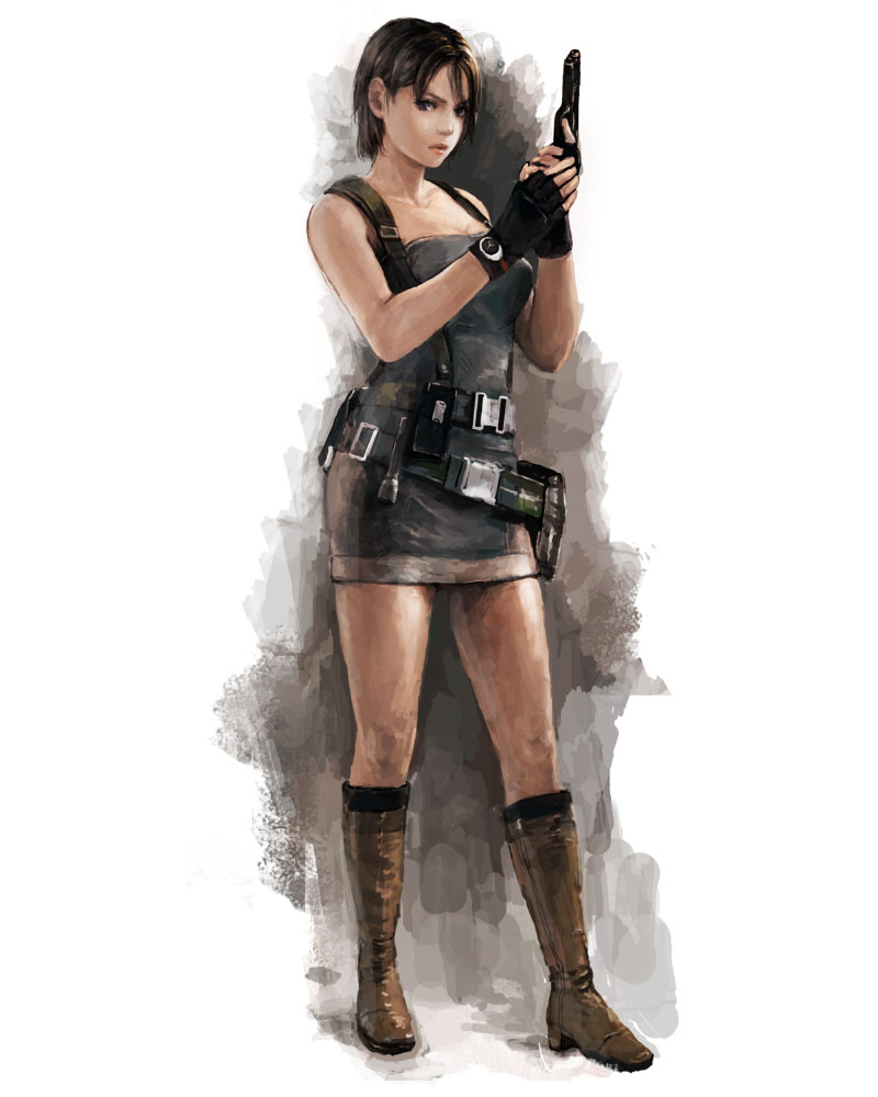 1girl breasts brown_hair closed_mouth commentary_request fingerless_gloves gloves gun handgun iwauchi_tomoki jill_valentine looking_at_viewer resident_evil resident_evil_3 short_hair simple_background skirt solo weapon
