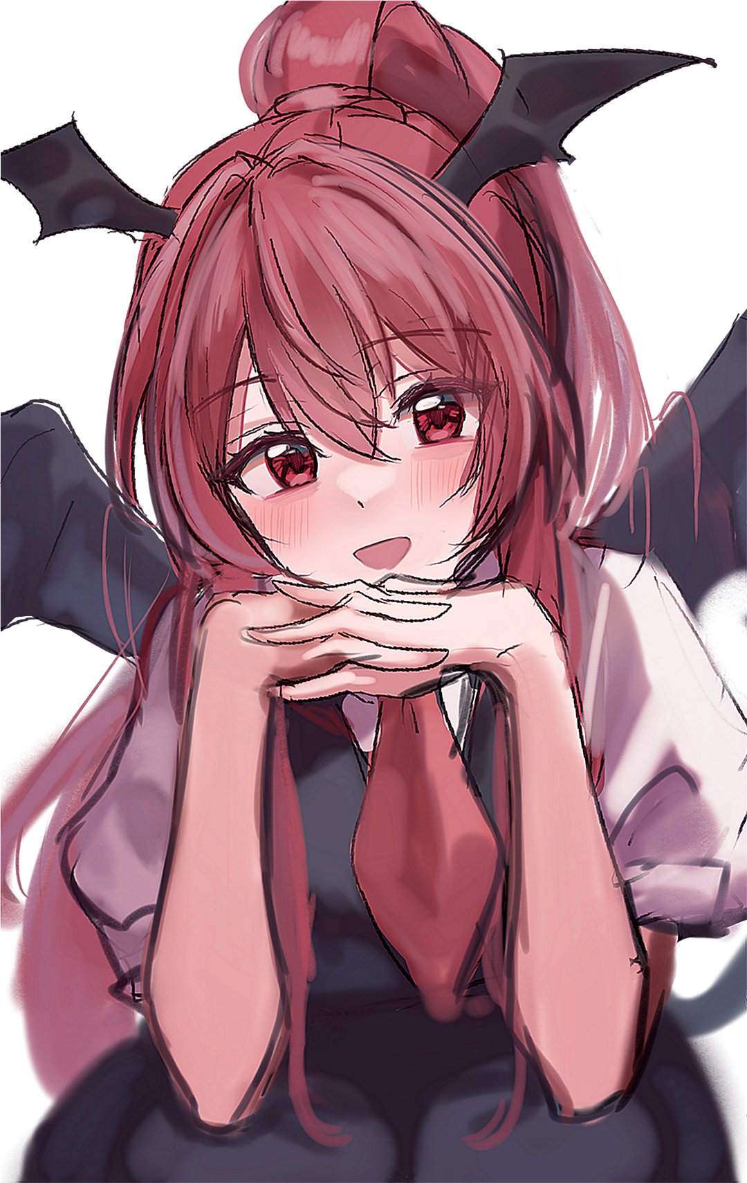 1girl :d alternate_hairstyle black_dress blush commentary demon_wings dress hair_between_eyes hands_up head_rest head_wings highres interlocked_fingers koakuma kosaka_sakasa long_hair looking_at_viewer necktie one-hour_drawing_challenge open_mouth own_hands_together ponytail puffy_short_sleeves puffy_sleeves red_eyes red_necktie redhead shirt short_sleeves sketch sleeveless sleeveless_dress smile solo touhou upper_body white_background white_shirt wings
