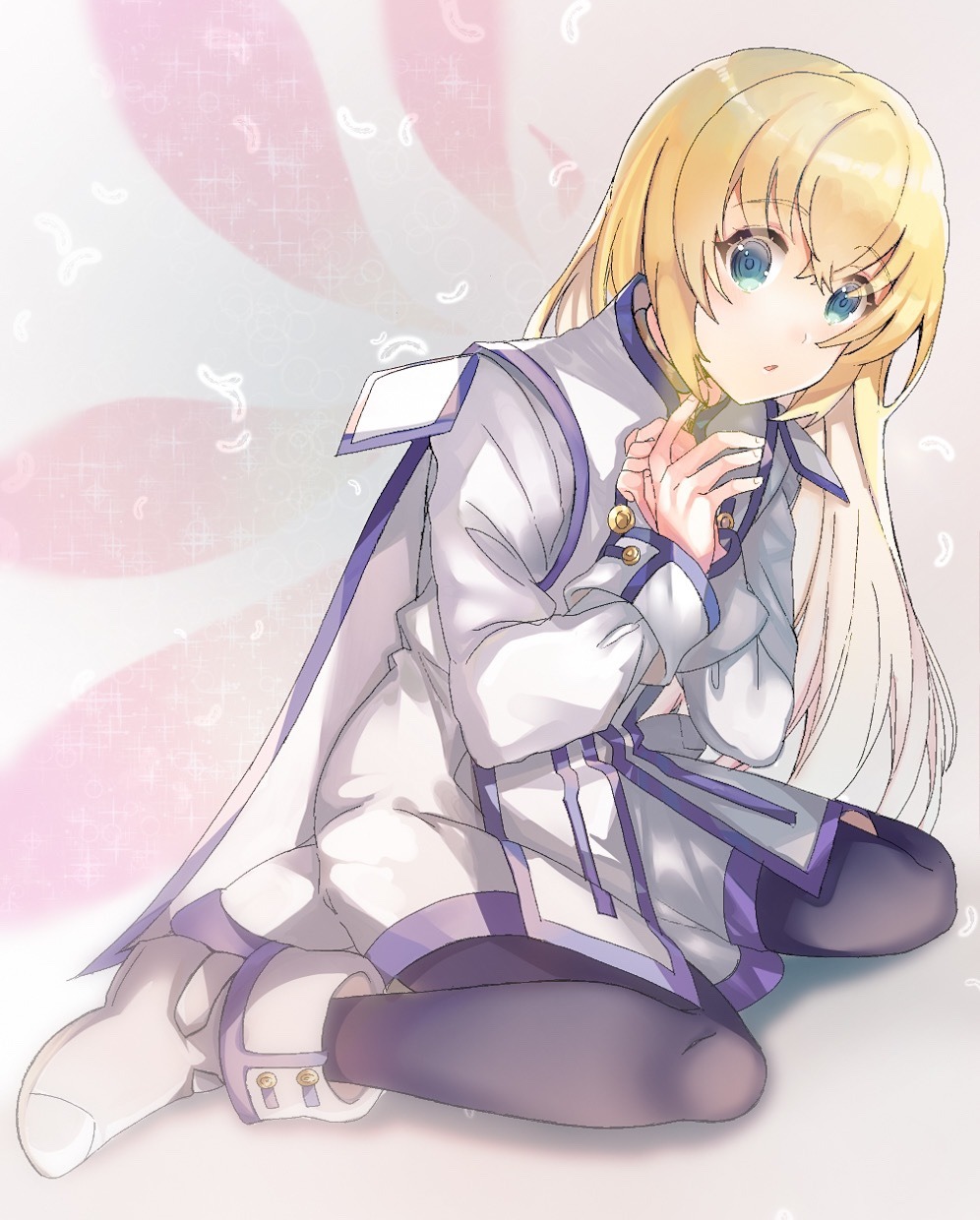 1girl bangs black_legwear blonde_hair blue_eyes boots collet_brunel dress eyebrows_visible_through_hair floating_hair hair_between_eyes highres long_hair long_sleeves looking_at_viewer open_mouth pantyhose shibaebi_(yasaip_game) shiny shiny_hair short_dress sitting solo tales_of_(series) tales_of_symphonia very_long_hair wariza white_dress white_footwear