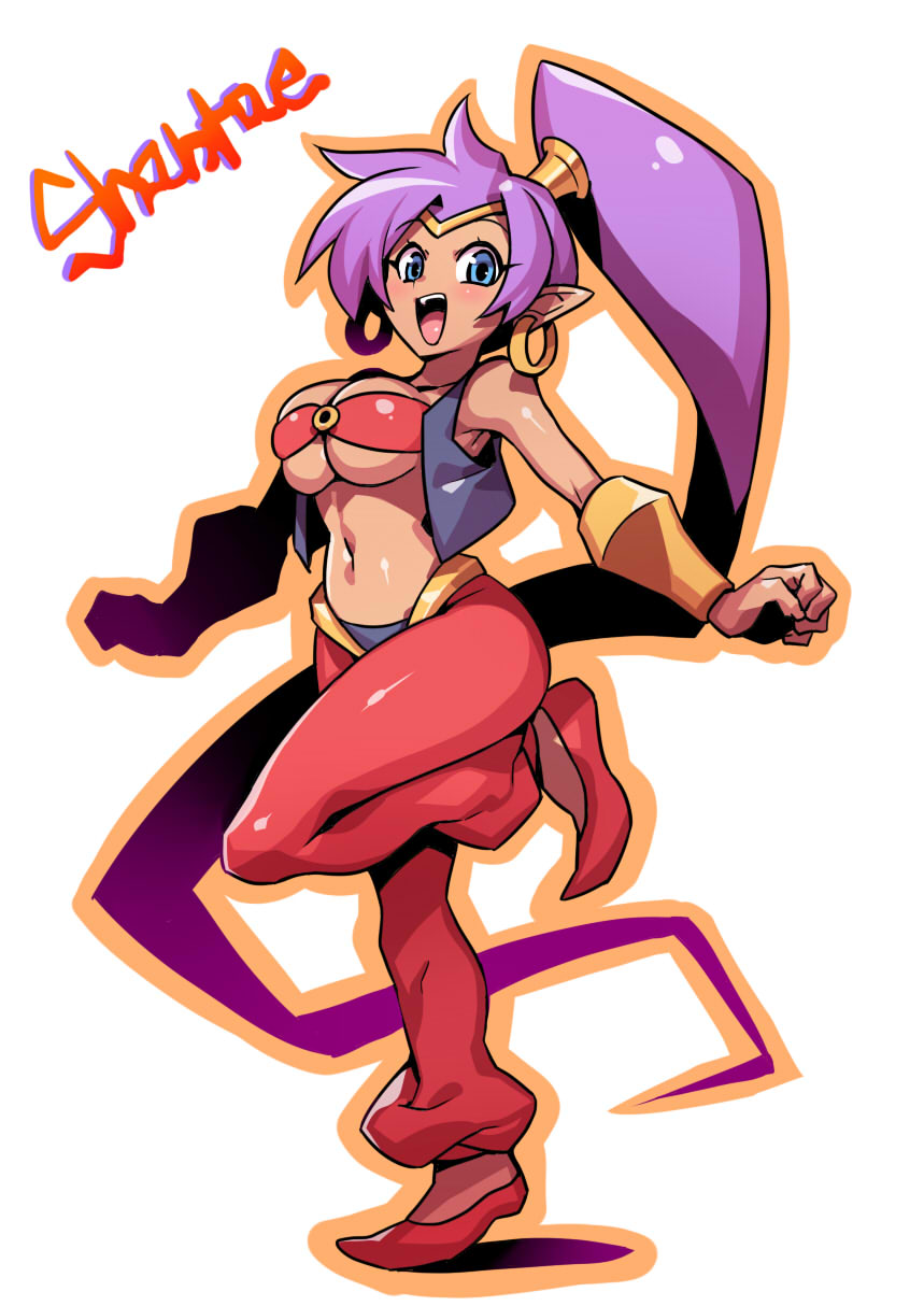 1girl :d blue_eyes blush bracer breasts character_name choker cropped_jacket dark_skin earrings harem_pants highres hoop_earrings jewelry leg_up long_hair midriff navel open_mouth pants pointy_ears pointy_shoes ponytail purple_hair shantae_(character) shantae_(series) shoes smile solo tiara tsuki_wani very_long_hair