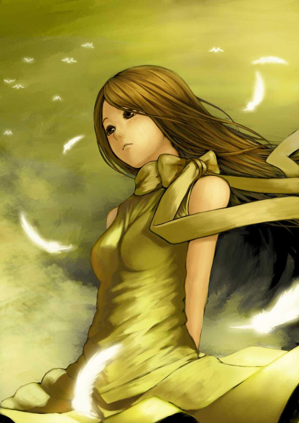 1girl breasts brown_eyes brown_hair dress feathers frown highres long_hair mishima_reika rahxephon scarf sleeveless sleeveless_dress small_breasts solo standing white_feathers yellow_background yellow_dress yellow_scarf zerogyakuten