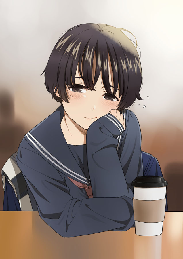 1girl androgynous black_eyes black_hair blush chin_rest clenched_hand coffee_cup cup disposable_cup elbows_on_table half-closed_eyes jacket jacket_removed long_sleeves mattaku_mousuke navy_blue_serafuku navy_blue_shirt neckerchief original red_neckwear school_uniform serafuku short_hair sleepy sleeves_past_wrists solo table