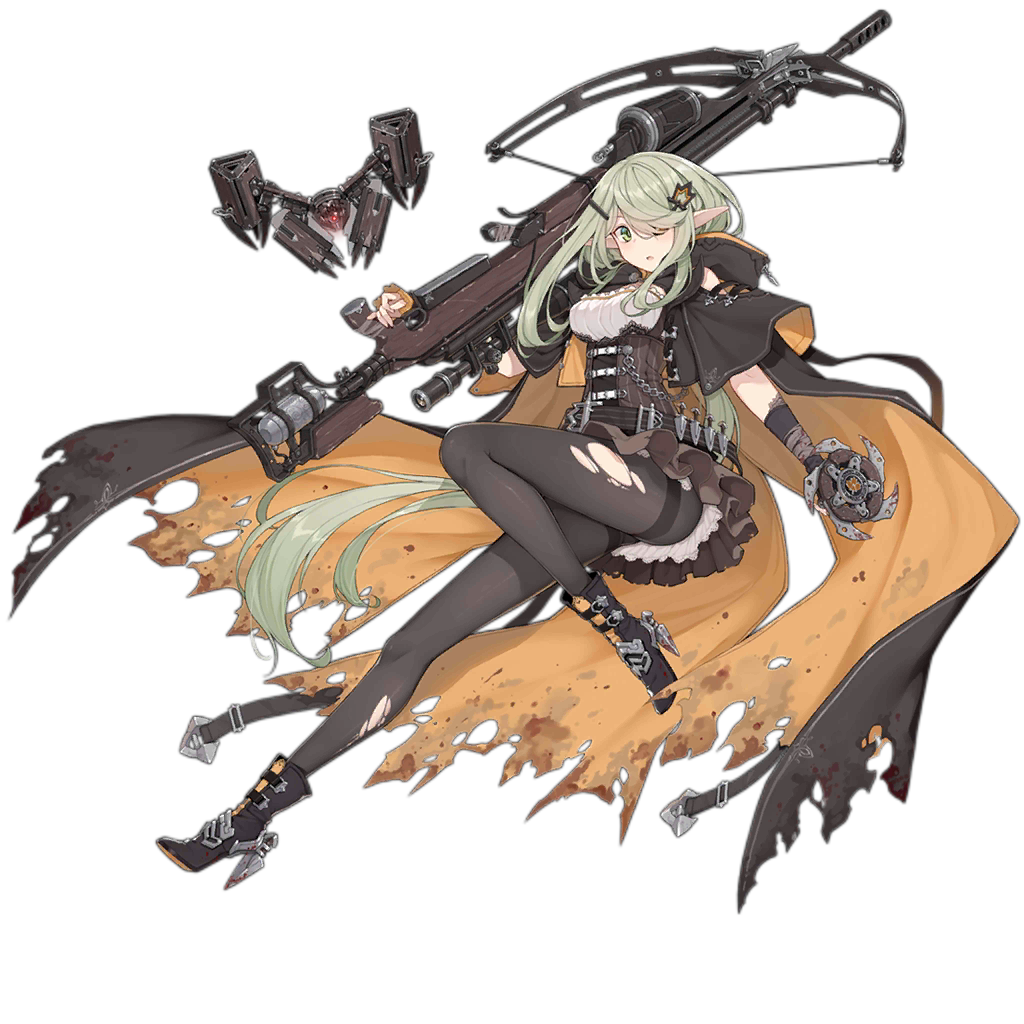 1girl alternate_costume alternate_hairstyle arm_warmers arm_wrap bangs belt black_footwear black_legwear black_sclera blush boots bow_(weapon) brown_skirt buckle cape capelet chakram cloak corset crossbow drone elf framed_breasts girls_frontline gloves green_eyes gun hair_ornament hairclip halloween heterochromia high_heel_boots high_heels holding holding_gun holding_weapon hood hood_down hooded_cloak knife logo long_hair looking_at_viewer mismatched_sclera official_art open_mouth pantyhose pointy_ears rifle sidelocks skirt sniper_rifle star strap strapless tac-50 tac-50_(girls_frontline) terras thighband_pantyhose torn_cloak torn_clothes torn_legwear transparent_background tubetop underskirt very_long_hair watermark weapon white_skirt white_tubetop yellow_eyes