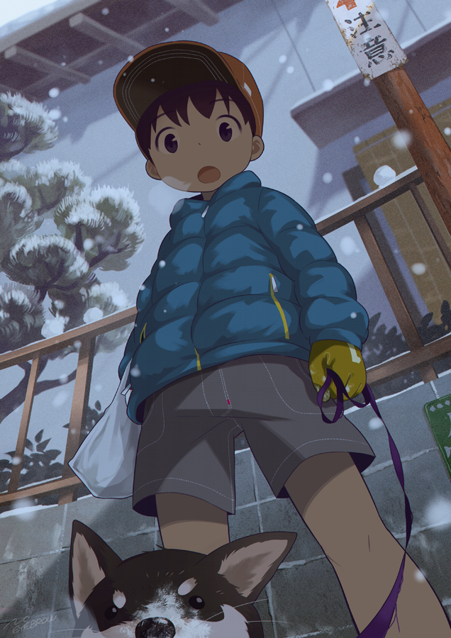 1boy :o animal bag baseball_cap blue_jacket breath brown_hair child commentary_request dog down_jacket from_below gloves hat holding holding_bag jacket leash long_sleeves male_focus noeyebrow_(mauve) open_mouth original outdoors shiba_inu shorts snow snowing winter