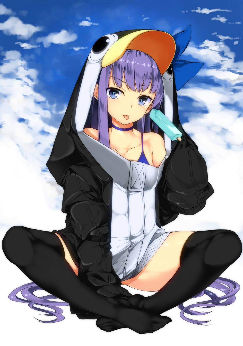 1girl animal_hood bangs bare_shoulders black_legwear blue_eyes blush breasts choker collarbone commentary_request eyebrows_visible_through_hair fate/grand_order fate_(series) hair_between_eyes hair_ribbon highres hood long_hair long_sleeves looking_at_viewer meltryllis meltryllis_(swimsuit_lancer)_(fate) penguin_hood purple_hair ribbon sleeves_past_fingers sleeves_past_wrists small_breasts smile solo swimsuit thigh-highs tongue tongue_out tries very_long_hair