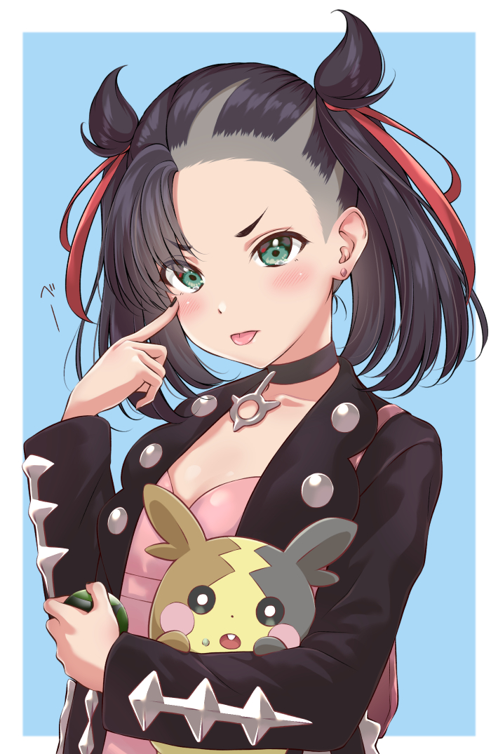 1girl aqua_eyes asymmetrical_bangs asymmetrical_hair bangs black_hair black_jacket black_nails blue_background blush breasts choker collarbone commentary_request dress earrings hair_ribbon holding holding_poke_ball holding_pokemon jacket jewelry kanae_sora long_hair long_sleeves looking_at_viewer mary_(pokemon) morpeko open_clothes pink_dress poke_ball pokemon pokemon_(creature) pokemon_(game) pokemon_swsh red_ribbon ribbon simple_background small_breasts solo twintails