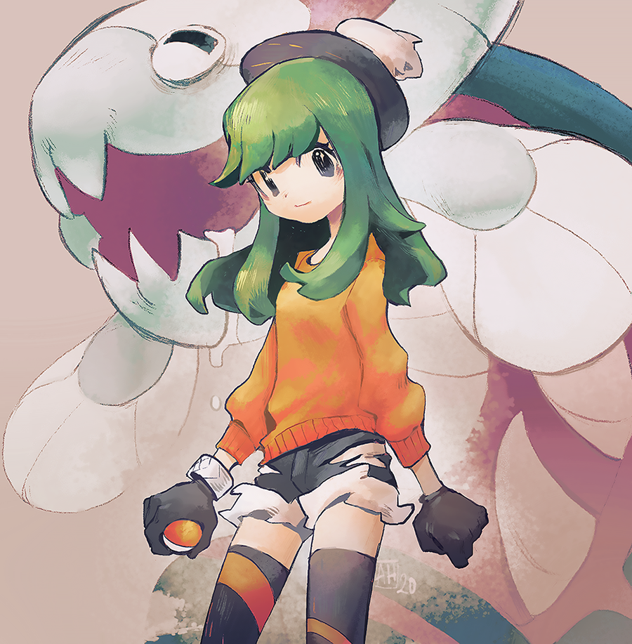 1girl alternate_costume alternate_hair_color arlmuffin bangs black_gloves black_shorts clenched_hand closed_mouth commentary cowboy_shot dracovish gen_8_pokemon gloves green_hair hat holding holding_poke_ball long_hair long_sleeves orange_sweater poke_ball poke_ball_(generic) pokemon pokemon_(creature) pokemon_(game) pokemon_swsh short_shorts shorts smile sweater tam_o'_shanter thigh-highs yuuri_(pokemon)