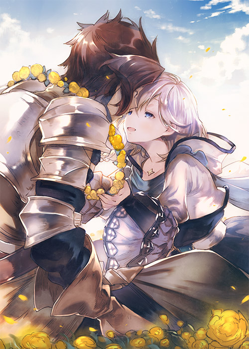 armor black_hair blue_eyes clouds cloudy_sky commentary_request flower flower_necklace goroo granblue_fantasy hood hoodie jewelry necklace noa_(granblue_fantasy) pauldrons rackam_(granblue_fantasy) silver_hair sky yaoi yellow_flower