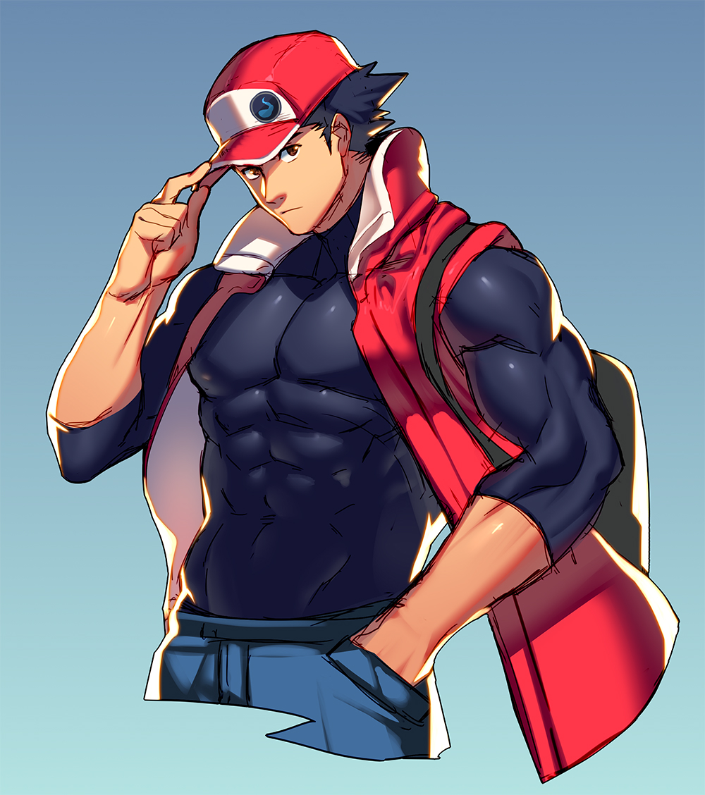 1boy abs adjusting_clothes adjusting_hat black_hair brown_eyes cowboy_shot gradient gradient_background hat looking_at_viewer lvlv male_focus muscle older open_clothes open_vest pectorals pokemon pokemon_(game) pokemon_rgby popped_collar red_(pokemon) skin_tight sleeveless sleeveless_jacket solo vest