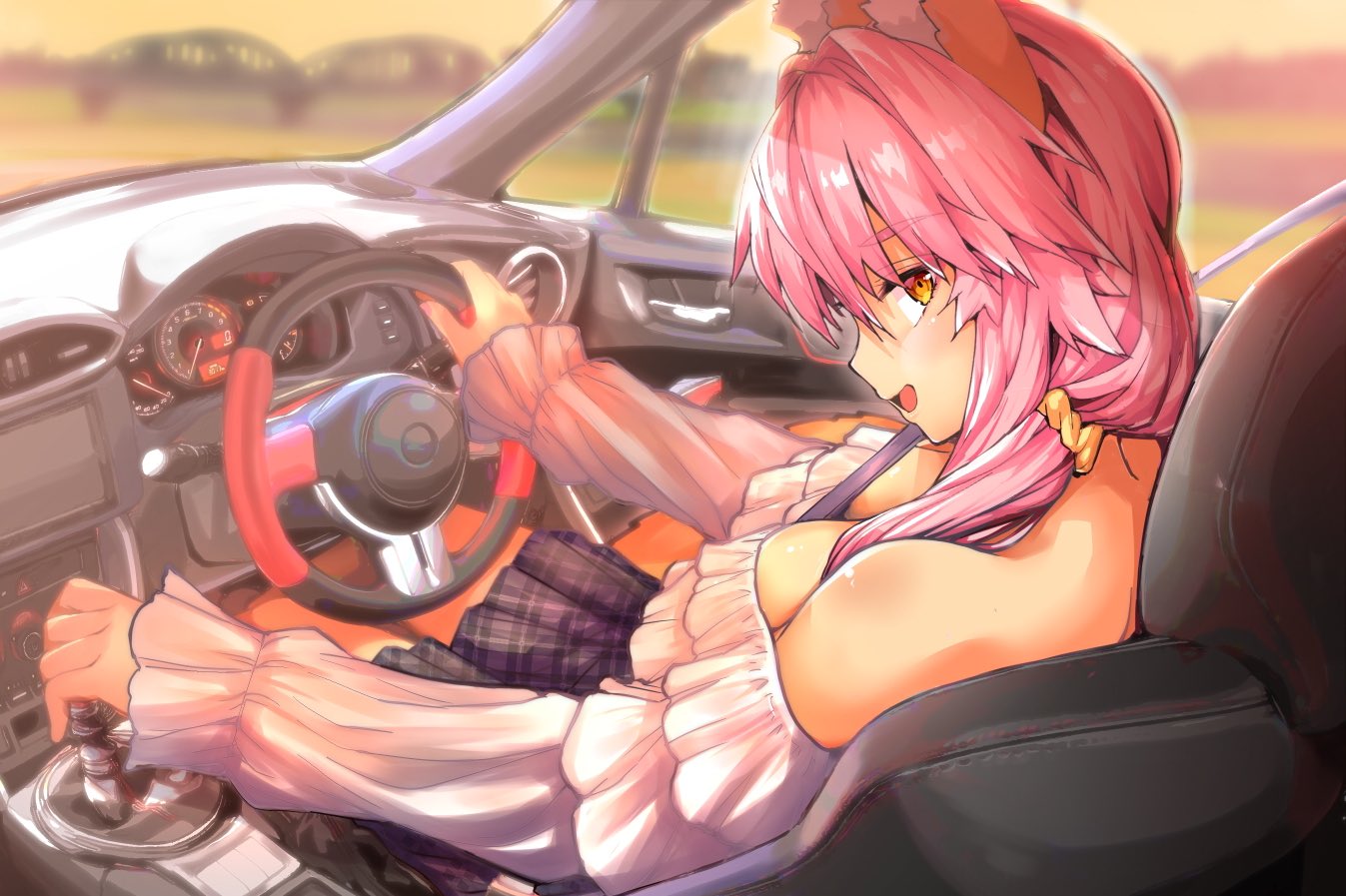 1girl animal_ear_fluff animal_ears bare_shoulders between_breasts blush breasts commentary_request eyebrows_visible_through_hair fate/extella fate/extra fate/grand_order fate_(series) fox_ears fox_girl fox_tail large_breasts looking_at_viewer looking_back open_mouth pink_hair scrunchie skirt solo tail tamamo_(fate)_(all) tamamo_no_mae_(fate) vehicle_interior wisespeak yellow_eyes yellow_scrunchie