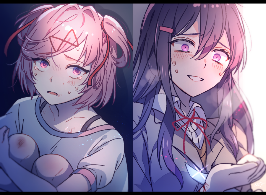 2girls aicedrop bangs bruise constricted_pupils doki_doki_literature_club hair_between_eyes hair_ornament hair_ribbon hairclip heavy_breathing injury knife leg_hug letterboxed long_hair multiple_girls natsuki_(doki_doki_literature_club) parted_lips pink_eyes pink_hair purple_hair red_ribbon ribbon scared school_uniform scratches self_harm short_hair smile spoilers sweat tears two_side_up violet_eyes wrist_cutting yuri_(doki_doki_literature_club)