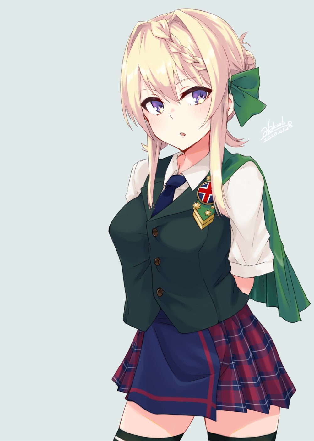 1girl alakoala blonde_hair blue_neckwear blue_skirt braid braided_bun cowboy_shot dress_shirt green_legwear green_vest grey_background highres kantai_collection looking_at_viewer necktie perth_(kantai_collection) plaid plaid_skirt pleated_skirt school_uniform shirt short_hair short_sleeves simple_background skirt solo standing thigh-highs vest white_shirt