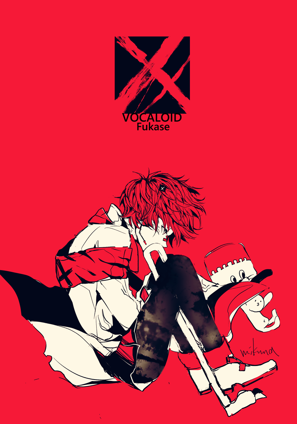 1boy 3kuma bandaid bandaid_on_nose cane character_name coat commentary copyright_name english_text from_side fukase full_body hat headset highres knees_up leaning_forward looking_away male_focus pants point_(vocaloid) redhead shoes sitting top_hat vocaloid white_coat