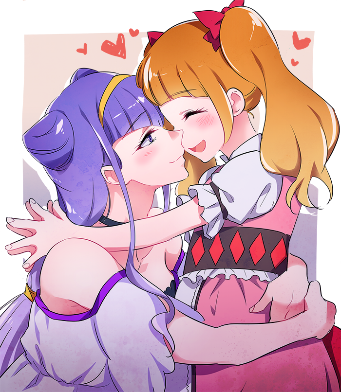 2girls :d ^_^ aisaki_emiru black_choker blush bow choker closed_eyes closed_mouth eyebrows_visible_through_hair hair_bow hairband heart hug hugtto!_precure long_hair looking_at_another low_twintails multiple_girls negom open_mouth orange_hair precure puffy_short_sleeves puffy_sleeves purple_hair red_bow ruru_amour short_hair short_sleeves smile twintails violet_eyes yellow_hairband yuri