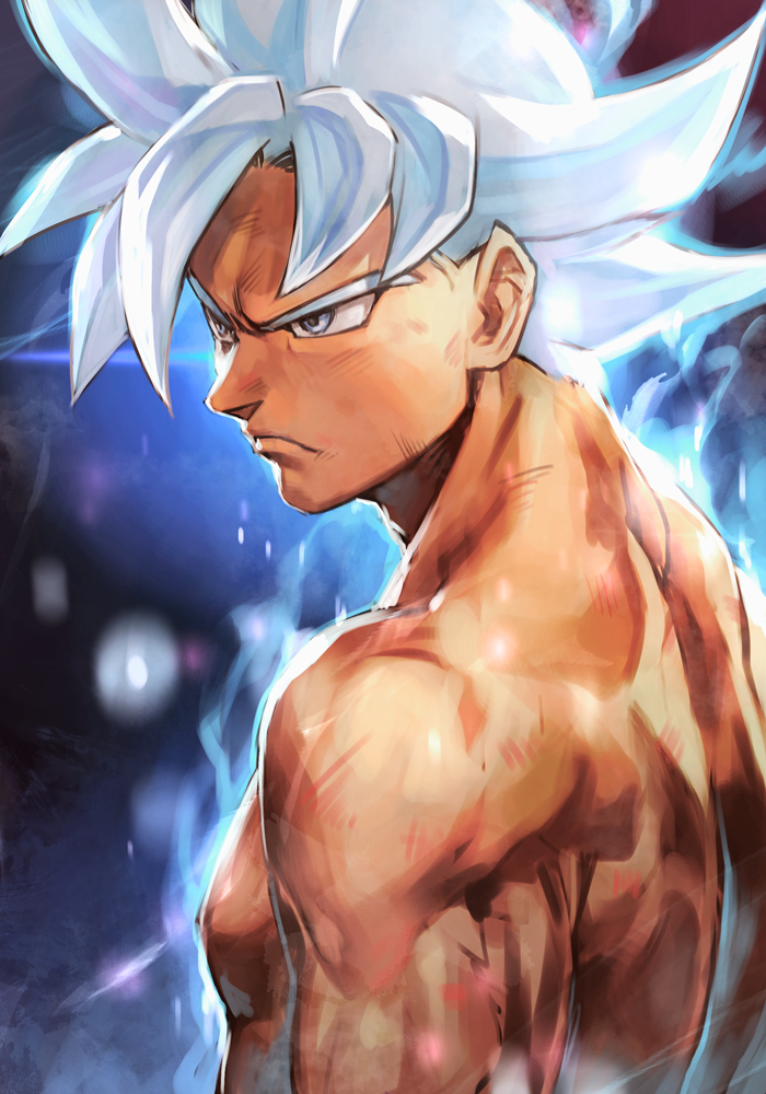 1boy arms_at_sides aura blurry closed_mouth dark_background darkness depth_of_field dirty dirty_face dragon_ball dragon_ball_super dragon_ball_z expressionless from_side frown glowing grey_eyes hankuri light_particles looking_away male_focus muscle pectorals scratches serious shaded_face shirtless silver_hair son_gokuu spiky_hair ultra_instinct upper_body