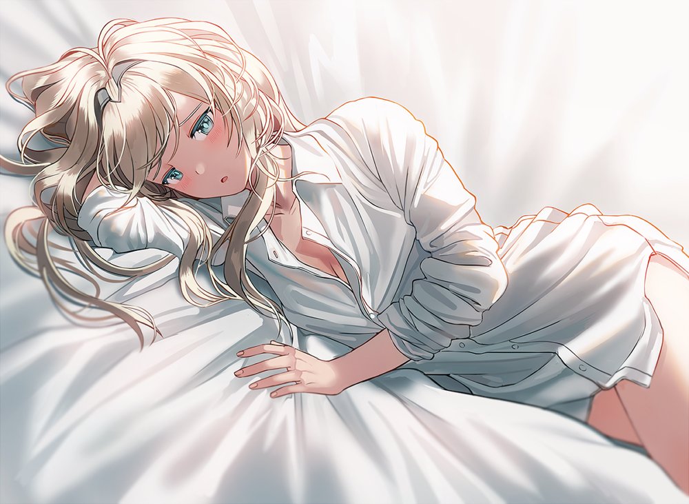 1girl an-94_(girls_frontline) bangs blonde_hair blue_eyes blush breasts girls_frontline hairband long_hair long_sleeves looking_at_viewer lying on_bed on_side open_mouth shirt sidelocks silence_girl sleeves_folded_up thighs white_shirt