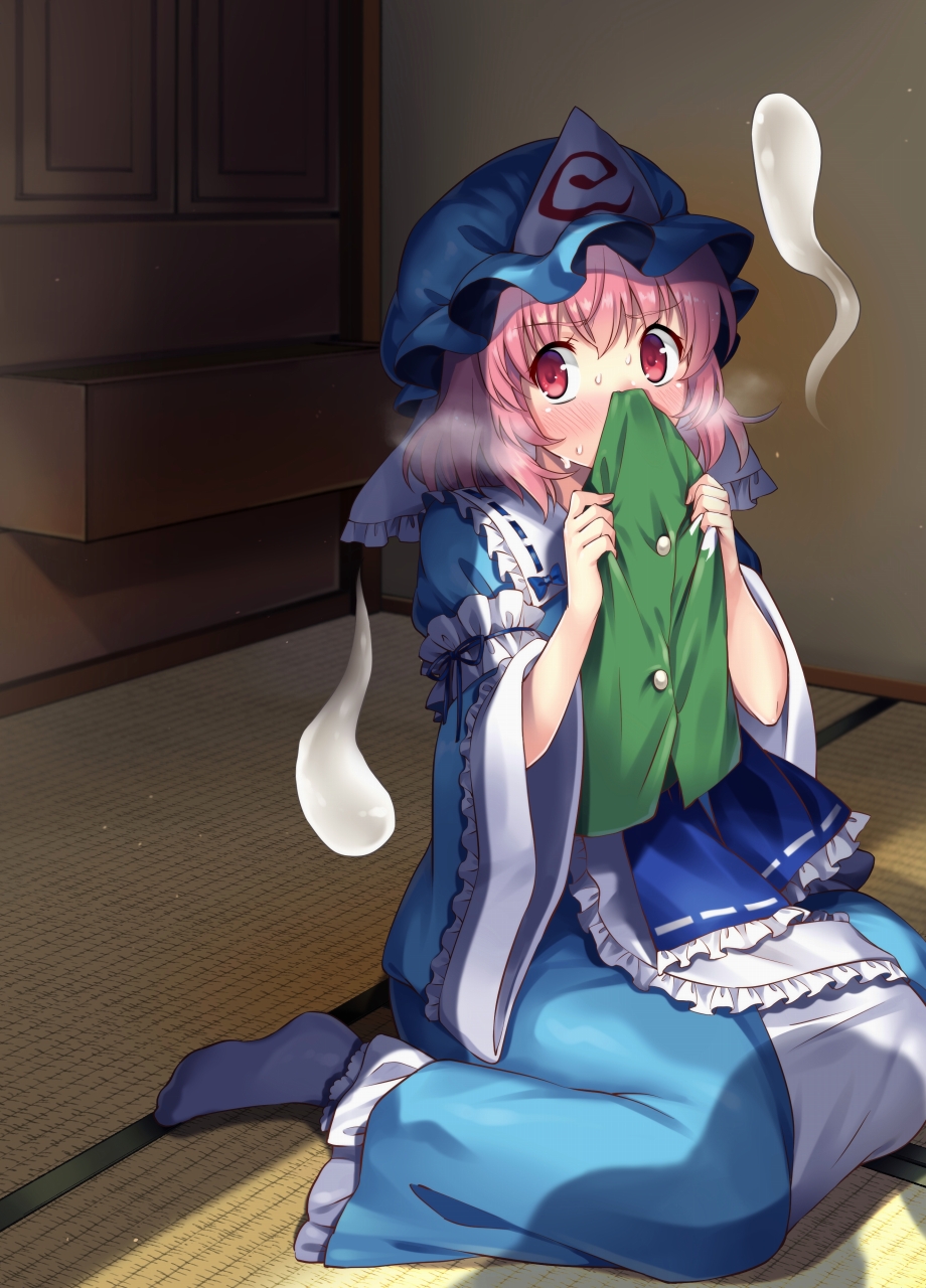 1girl arm_garter bangs blue_headwear blue_kimono blue_ribbon blush caught commentary_request drawer eyebrows_visible_through_hair female_pervert frilled_kimono frilled_sleeves frills green_vest hands_up hat highres hitodama holding holding_clothes indoors japanese_clothes juliet_sleeves kapuchii kimono long_sleeves mob_cap no_shoes partial_commentary pervert petticoat pink_eyes pink_hair puffy_sleeves ribbon saigyouji_yuyuko seiza shadow short_hair silhouette sitting smelling socks sweat tatami touhou triangular_headpiece vest wariza wide_sleeves