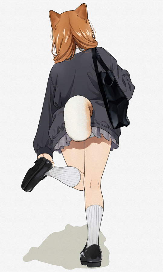 1girl adjusting_footwear animal_ears bag black_footwear black_jacket brown_hair fox_ears fox_tail from_behind full_body grey_background grey_skirt jacket long_hair long_sleeves mattaku_mousuke miniskirt original panties plaid plaid_skirt pleated_skirt shoes shoulder_bag simple_background skirt socks solo standing standing_on_one_leg tail underwear white_legwear