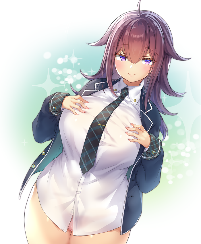 1girl black_jacket blush breasts closed_mouth gradient gradient_background hair_flaps huge_breasts jacket long_sleeves necktie original panties pink_panties purple_hair shirt smile underwear violet_eyes white_shirt yamaarashi